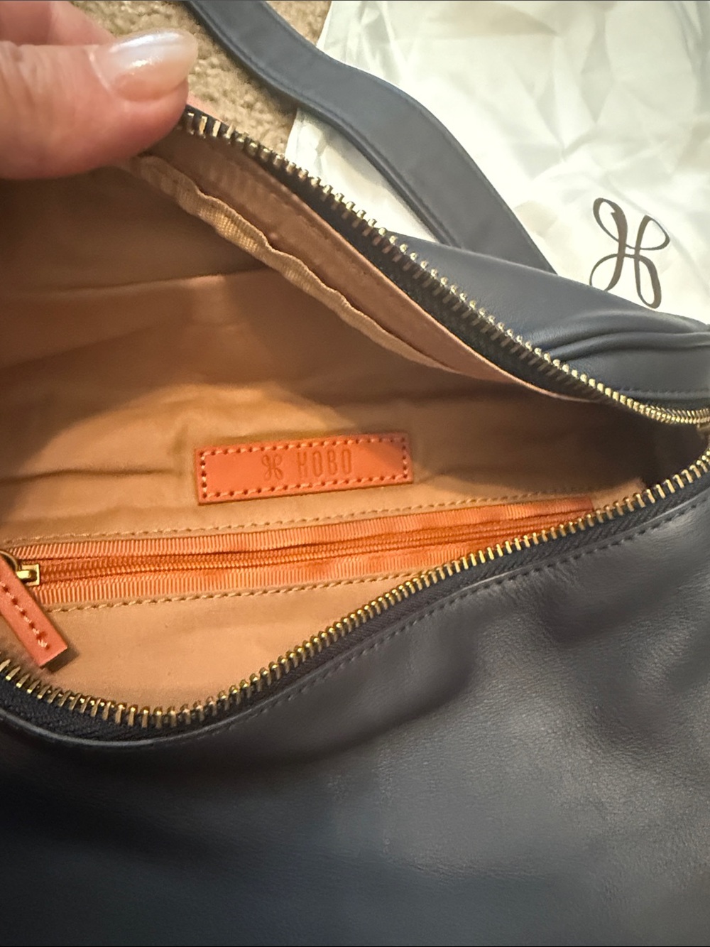 HOBO Navy Blue Leather Sling Belt Bag with Gold Hardware - Picture 2 of 2